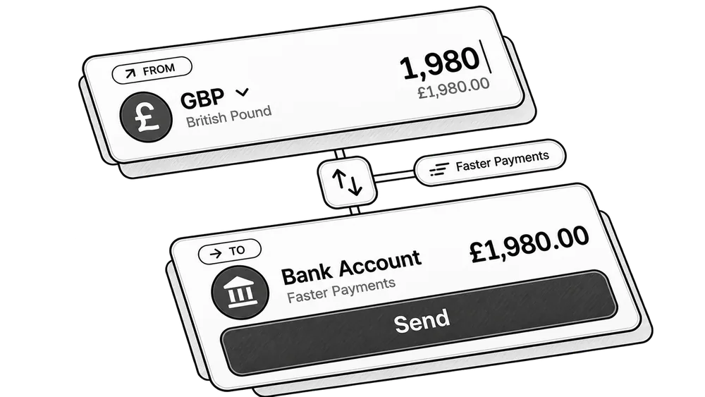 Envío de 1.980,00 £ desde un saldo en GBP por Faster Payments.
